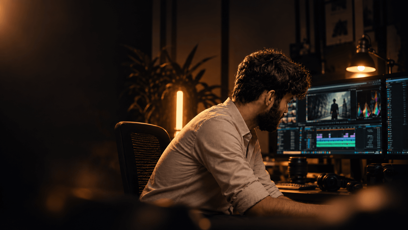 Joel editing a film at his desk in a warmly lit studio